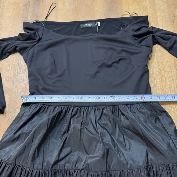 Lauren Ralph Lauren Off‎ Shoulder Dress Size 16 Taffeta Tiered Skirt Bow Belt - Picture 6 of 14